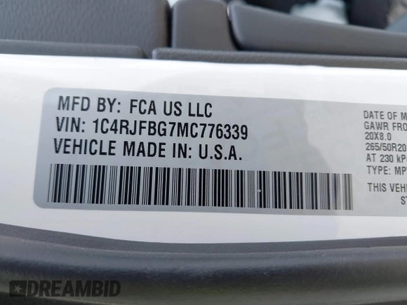 2021 Jeep Grand Cherokee Limited with VIN 1C4RJFBG7MC776339, listed as a IAAI auction lot 42149933 with 67,562 mi miles and . Bid and sale history available at DreamBid. Image 9.