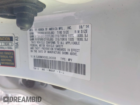 2014 Honda CR-V LX with VIN 5J6RM3H3XEL043059, listed as a IAAI auction lot 41978321 with 116,507 mi miles and . Bid and sale history available at carsss.com. Image 9.