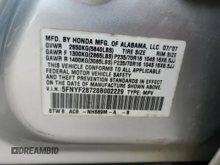2008 Honda Pilot EX-L with VIN 5FNYF28728B002229, listed as a Copart auction lot 44395995 with Not Provided miles and Salvage Title. Bid and sale history available at DreamBid. Image 16.