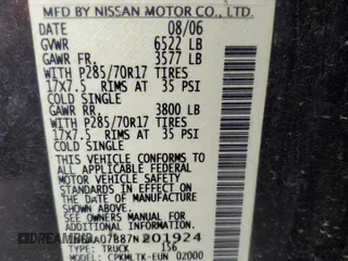 2007 Nissan Titan SE with VIN 1N6AA07B87N201924, listed as a Copart auction lot 60361425 with 167,659 mi miles and Salvage title. Bid and sale history available at DreamBid. Image 12.