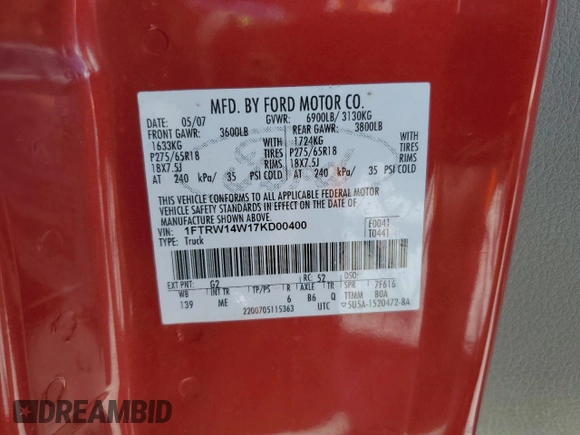 2007 Ford F-150 XLT with VIN 1FTRW14W17KD00400, listed as a Copart auction lot 65022195 with 254,841 mi miles and Clean title. Bid and sale history available at DreamBid. Image 12.