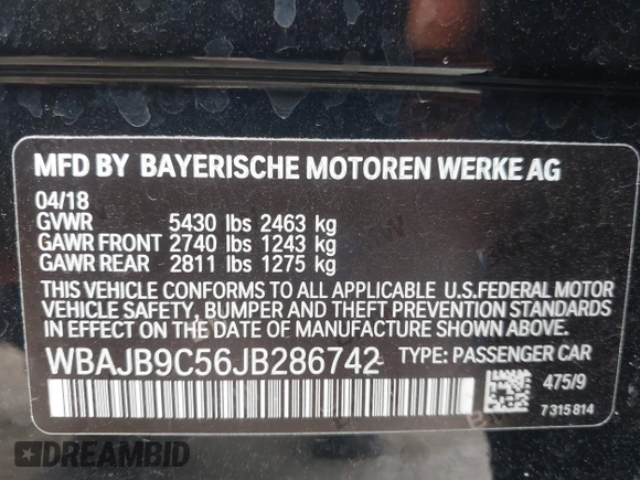 2018 BMW 5 Series M550i xDrive with VIN WBAJB9C56JB286742, listed as a IAAI auction lot 42176643 with 61,445 mi miles and . Bid and sale history available at DreamBid. Image 9.