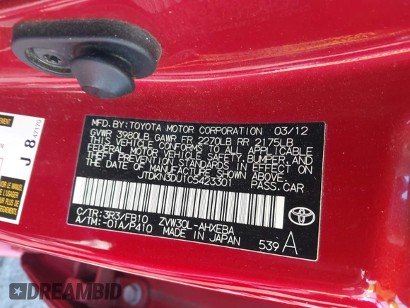 2012 Toyota Prius One with VIN JTDKN3DU1C5423301, listed as a IAAI auction lot 41691854 with 91,239 mi miles and . Bid and sale history available at carsss.com. Image 9.