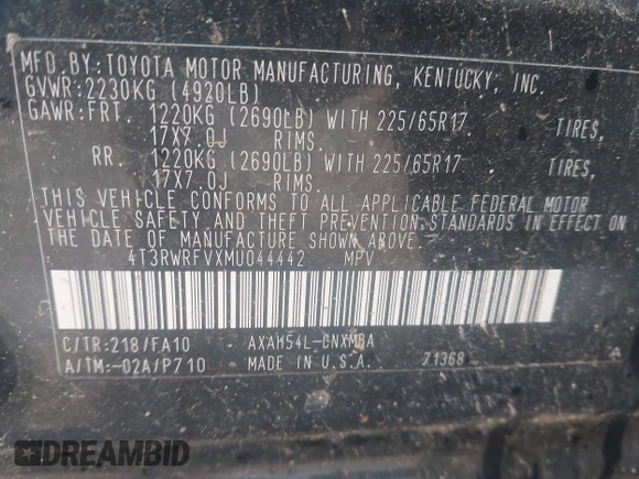 2021 Toyota RAV4 Hybrid XLE with VIN 4T3RWRFVXMU044442, listed as a IAAI auction lot 42256468 with Not provided miles and . Bid and sale history available at DreamBid. Image 9.