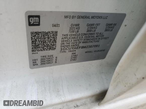 2021 Chevrolet Silverado 1500 Work Truck with VIN 1GCUYAEF8MZ307091, listed as a Copart auction lot 81275434 with 101,822 mi miles and Salvage Title. Bid and sale history available at DreamBid. Image 12.