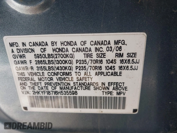 2006 Honda Pilot EX-L with VIN 2HKYF18716H535598, listed as a IAAI auction lot 41676797 with 212,130 mi miles and . Bid and sale history available at DreamBid. Image 9.