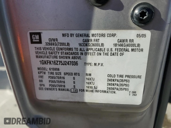 2005 GMC Yukon XL SLT with VIN 1GKFK16Z75J247036, listed as a Copart auction lot 46354735 with 298,509 mi miles and Salvage Title. Bid and sale history available at carsss.com. Image 13.