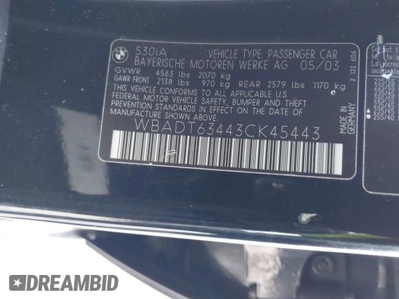 2003 BMW 5 Series 530iA with VIN WBADT63443CK45443, listed as a IAAI auction lot 41380177 with 156,472 mi miles. Bid and sale history available at carsss.com. Image 9.