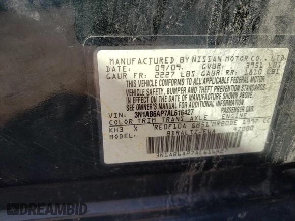 2010 Nissan Sentra SR with VIN 3N1AB6AP7AL616427, listed as a Copart auction lot 49166585 with 201,575 mi miles and Clean Title. Bid and sale history available at DreamBid. Image 12.