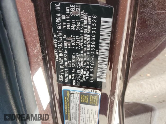 2016 Kia Sorento LX with VIN 5XYPGDA58GG001526, listed as a Copart auction lot 72775054 with 186,118 mi miles and Salvage Title. Bid and sale history available at DreamBid. Image 13.