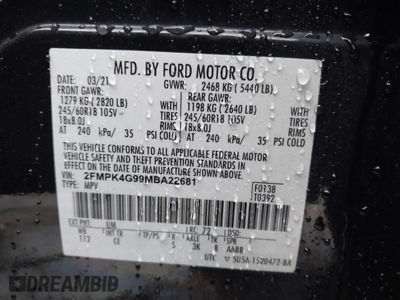 2021 Ford Edge SE with VIN 2FMPK4G99MBA22681, listed as a IAAI auction lot 41576016 with 92,457 mi miles and . Bid and sale history available at DreamBid. Image 9.