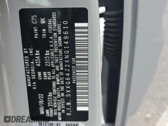 2022 Kia K5 GT-Line z VIN 5XXG64J2XNG149610, wystawiony jako Copart lot #55333245 z przebiegiem Nie podano mil oraz Szkoda całkowita • Salvage title. Historia ofert i sprzedaży dostępna na DreamBid. Obrazek 13.
