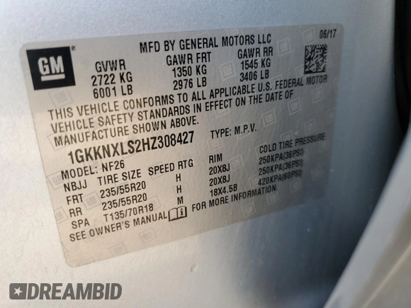 2017 GMC Acadia Denali with VIN 1GKKNXLS2HZ308427, listed as a Copart auction lot 59500735 with 112,432 mi miles and Salvage title. Bid and sale history available at DreamBid. Image 13.