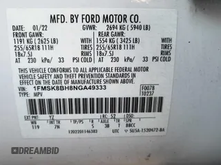 2022 Ford Explorer with VIN 1FMSK8BH8NGA49333, listed as a Copart auction lot 51196155 with 73,420 mi miles and Clean Title. Bid and sale history available at carsss.com. Image 10.