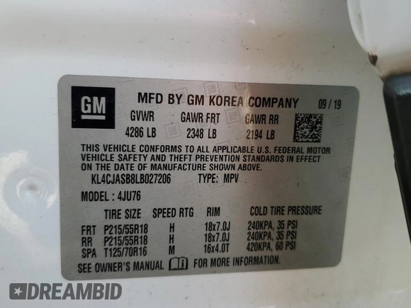 2020 Buick Encore Preferred with VIN KL4CJASB8LB027206, listed as a Copart auction lot 80263614 with 121,317 mi miles and Non Repairable. Bid and sale history available at DreamBid. Image 13.
