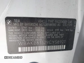 2009 BMW 7 Series 750Li z VIN WBAKB83529CY58927, wystawiony jako IAAI lot #42356768 z przebiegiem 123 883 mil mil oraz . Historia ofert i sprzedaży dostępna na DreamBid. Obrazek 9.