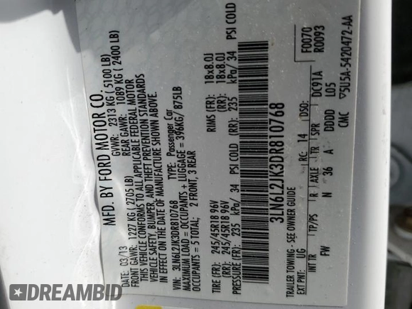 2013 Lincoln MKZ с VIN 3LN6L2JK3DR810768, выставлен на аукционе Copart как лот 56665585 с пробегом 172 770 миль миль и Списание • Salvage title. История ставок и продаж доступна на DreamBid. Изображение 12.