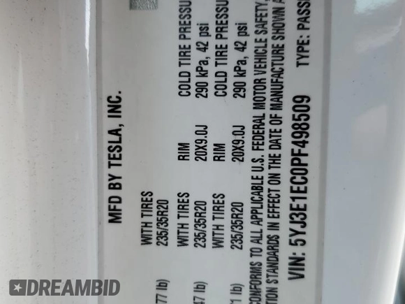 2023 Tesla Model 3 Performance with VIN 5YJ3E1EC0PF498509, listed as a Copart auction lot 50579835 with 32,327 mi miles and Salvage Title. Bid and sale history available at carsss.com. Image 13.