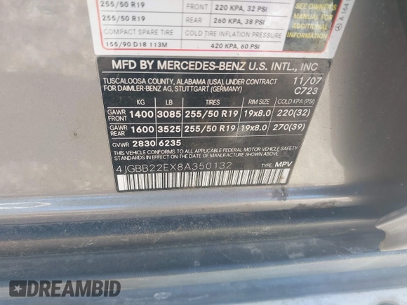 2008 Mercedes-Benz M 320 CDI with VIN 4JGBB22EX8A350132, listed as a IAAI auction lot 41245430 with 323,104 mi miles and . Bid and sale history available at DreamBid. Image 9.