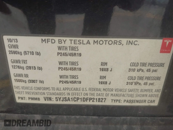 2013 Tesla Model S Performance z VIN 5YJSA1CP1DFP21827, wystawiony jako IAAI lot #42494897 z przebiegiem 148 150 mil mil oraz . Historia ofert i sprzedaży dostępna na DreamBid. Obrazek 9.
