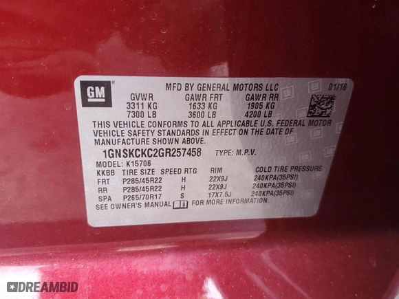 2016 Chevrolet Tahoe LTZ with VIN 1GNSKCKC2GR257458, listed as a Copart auction lot 45684125 with 0 mi miles and Salvage Title. Bid and sale history available at carsss.com. Image 15.