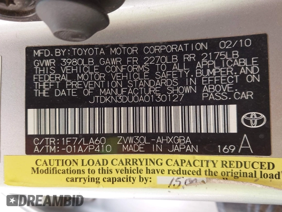 2010 Toyota Prius II with VIN JTDKN3DU0A0130127, listed as a IAAI auction lot 41763304 with 217,258 mi miles. Bid and sale history available at carsss.com. Image 9.