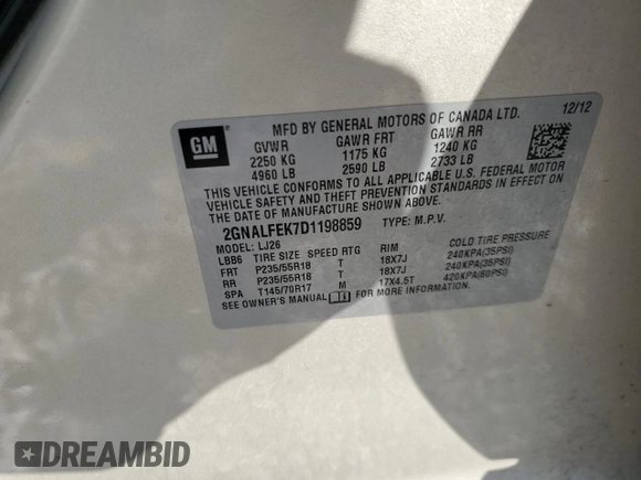 2013 Chevrolet Equinox LTZ with VIN 2GNALFEK7D1198859, listed as a Copart auction lot 77617254 with 70,037 mi miles and Clean Title. Bid and sale history available at carsss.com. Image 13.