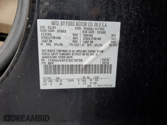 2001 Ford Excursion Limited z VIN 1FMSU43F31EC18728, wystawiony jako Copart lot #58974105 z przebiegiem 266 747 mil mil oraz Szkoda całkowita • Salvage title. Historia ofert i sprzedaży dostępna na DreamBid. Obrazek 12.