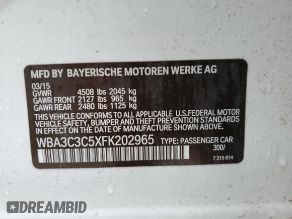 2015 BMW 3 Series 320i xDrive with VIN WBA3C3C5XFK202965, listed as a Copart auction lot 52422275 with 119,713 mi miles and Salvage title. Bid and sale history available at DreamBid. Image 14.
