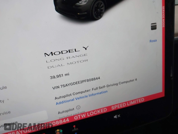 2023 Tesla Model Y Long Range with VIN 7SAYGDEE2PF808844, listed as a IAAI auction lot 41941905 with 39,951 mi miles and . Bid and sale history available at carsss.com. Image 7.