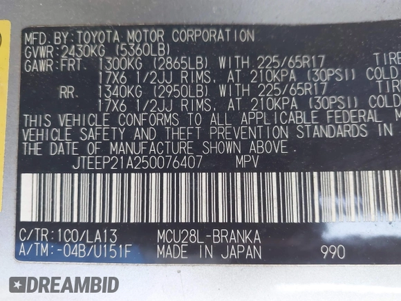 2005 Toyota Highlander z VIN JTEEP21A250076407, wystawiony jako IAAI lot #42050850 z przebiegiem 144 143 mil mil oraz . Historia ofert i sprzedaży dostępna na DreamBid. Obrazek 9.