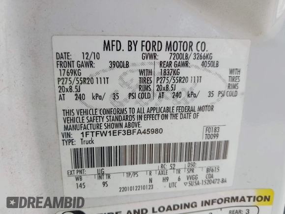 2011 Ford F-150 XL with VIN 1FTFW1EF3BFA45980, listed as a IAAI auction lot 42262248 with 155,882 mi miles and . Bid and sale history available at DreamBid. Image 9.