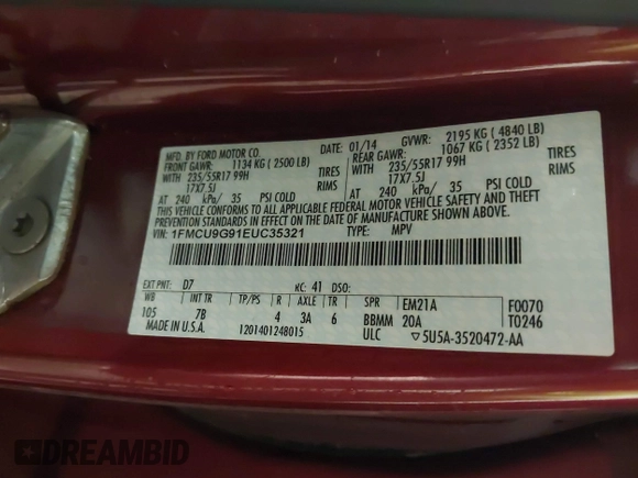 2014 Ford Escape SE with VIN 1FMCU9G91EUC35321, listed as a IAAI auction lot 41893841 with 86,792 mi miles and . Bid and sale history available at DreamBid. Image 9.