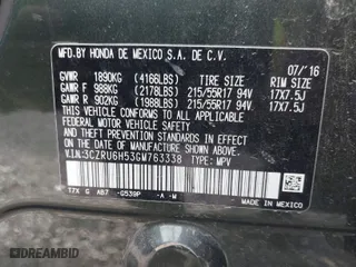 2016 Honda HR-V EX with VIN 3CZRU6H53GM763338, listed as a IAAI auction lot 41875318 with 110,711 mi miles. Bid and sale history available at carsss.com. Image 9.