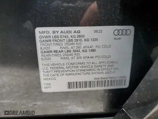 2022 Audi SQ5 Premium Plus with VIN WA1B4AFY0N2115896, listed as a Copart auction lot 66649802 with 1,168 mi miles. Bid and sale history available at carsss.com. Image 10.