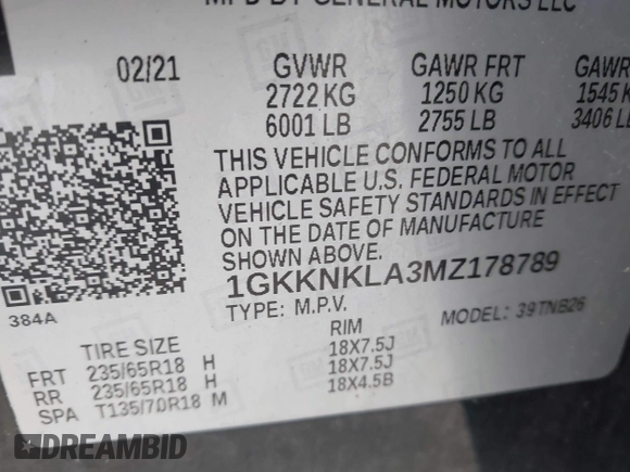 2021 GMC Acadia SLE with VIN 1GKKNKLA3MZ178789, listed as a IAAI auction lot 41609366 with Not Provided miles and . Bid and sale history available at DreamBid. Image 9.