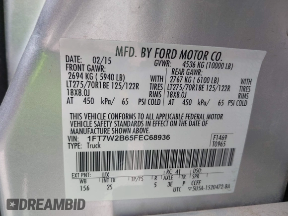 2015 Ford F-250 Lariat with VIN 1FT7W2B65FEC68936, listed as a IAAI auction lot 42142608 with 67,603 mi miles and . Bid and sale history available at carsss.com. Image 9.