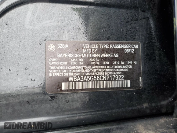 2012 BMW 3 Series 328i with VIN WBA3A5G56CNP17922, listed as a Copart auction lot 45274745 with 144,599 mi miles and Salvage Title. Bid and sale history available at carsss.com. Image 14.