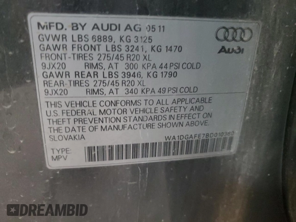 2011 Audi Q7 S line with VIN WA1DGAFE7BD010360, listed as a Copart auction lot 75758314 with 192,515 mi miles and Clean title. Bid and sale history available at DreamBid. Image 13.