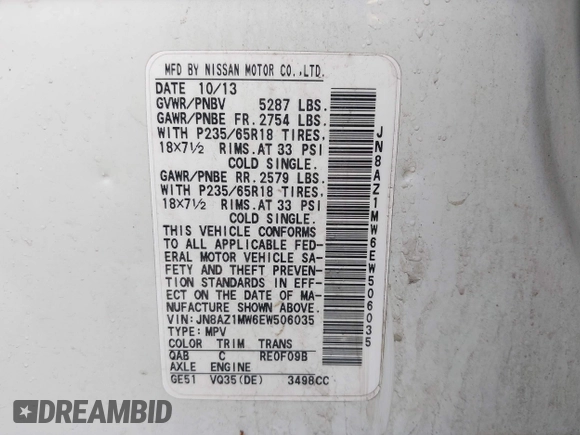 2014 Nissan Murano S with VIN JN8AZ1MW6EW506035, listed as a IAAI auction lot 42194399 with 212,952 mi miles and . Bid and sale history available at DreamBid. Image 9.