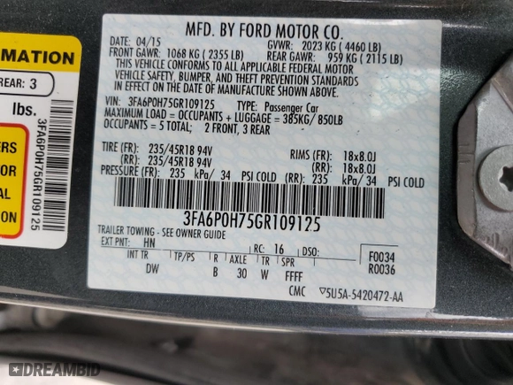 2016 Ford Fusion SE with VIN 3FA6P0H75GR109125, listed as a Copart auction lot 51668345 with 0 mi miles and Salvage Title. Bid and sale history available at carsss.com. Image 12.