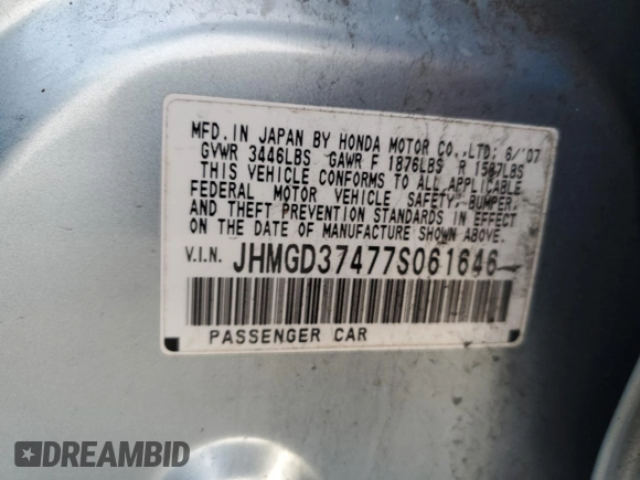 2007 Honda Fit с VIN JHMGD37477S061646, выставлен на аукционе Copart как лот 86438584 с пробегом 191 687 миль миль и Списание • Salvage title. История ставок и продаж доступна на DreamBid. Изображение 12.
