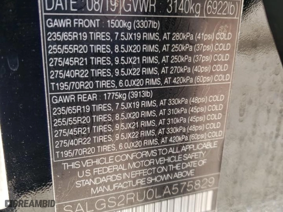 2020 Land Rover Range Rover HSE with VIN SALGS2RU0LA575829, listed as a Copart auction lot 78825354 with 80,940 mi miles and Salvage Title. Bid and sale history available at carsss.com. Image 14.