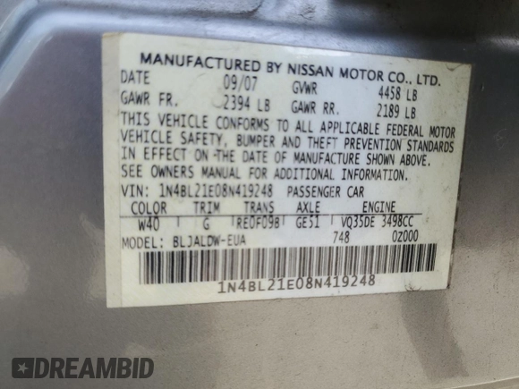 2008 Nissan Altima 3.5 SE with VIN 1N4BL21E08N419248, listed as a Copart auction lot 50753285 with 162,042 mi miles and Salvage Title. Bid and sale history available at carsss.com. Image 14.