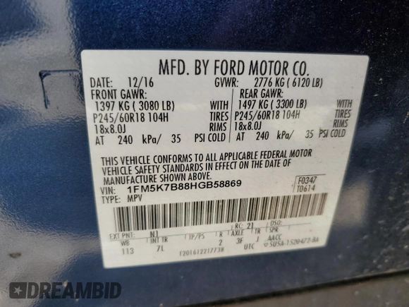 2017 Ford Explorer с VIN 1FM5K7B88HGB58869, выставлен на аукционе Copart как лот 61420865 с пробегом 255 370 миль миль и Чистый • Clean title. История ставок и продаж доступна на DreamBid. Изображение 13.