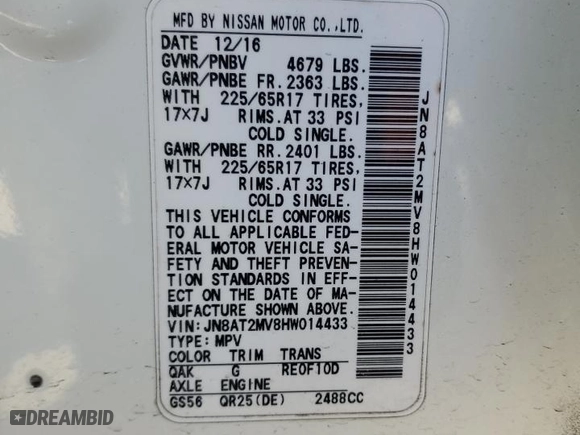 2017 Nissan Rogue S with VIN JN8AT2MV8HW014433, listed as a Copart auction lot 45301165 with 73,241 mi miles and Salvage Title. Bid and sale history available at carsss.com. Image 15.
