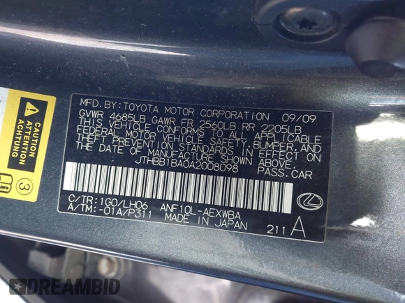 2010 Lexus HS 250h with VIN JTHBB1BA0A2008098, listed as a IAAI auction lot 41415686 with 233,074 mi miles and . Bid and sale history available at DreamBid. Image 9.