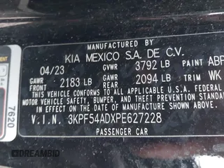 2023 Kia Forte GT-Line z VIN 3KPF54ADXPE627228, wystawiony jako IAAI lot #42022939 z przebiegiem 50 574 mil mil oraz . Historia ofert i sprzedaży dostępna na DreamBid. Obrazek 9.