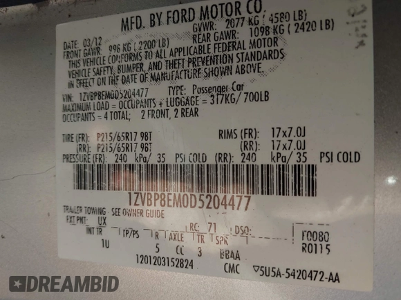 2013 Ford Mustang V6 with VIN 1ZVBP8EM0D5204477, listed as a IAAI auction lot 41009715 with 190,564 mi miles and . Bid and sale history available at DreamBid. Image 9.