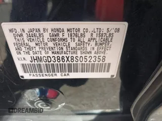 2008 Honda Fit Sport with VIN JHMGD386X8S052358, listed as a IAAI auction lot 42090261 with 291,211 mi miles. Bid and sale history available at carsss.com. Image 9.